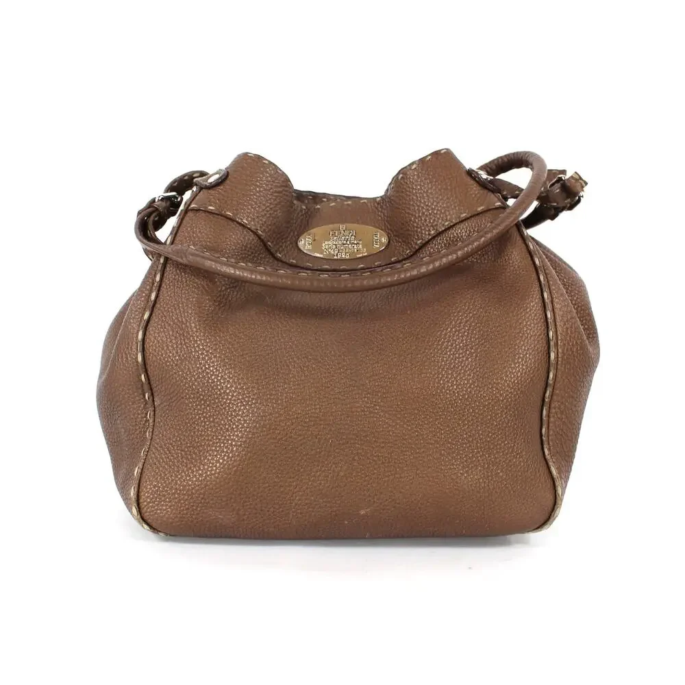FENDI Selleria Lavorazione A Mano Bronze Pebbled Leather Satchel Handbag Bucket